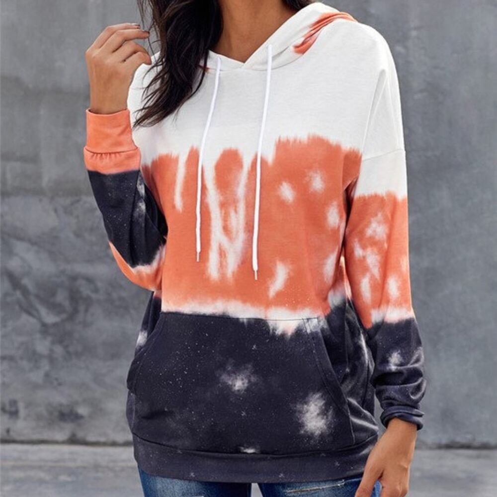 Colorblock Tie Dye Long Sleeve Womens Pullover Hoodie Sweater Pocket Medium